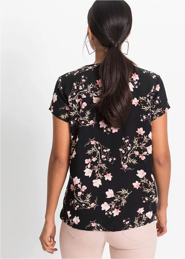 Blusa de manga corta Negro con flores