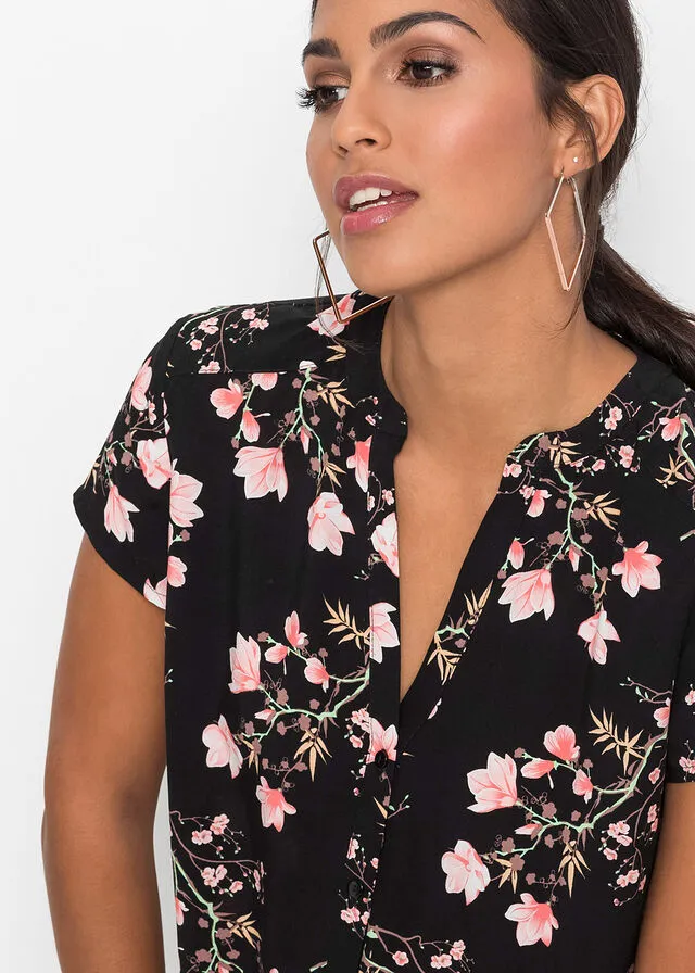 Blusa de manga corta Negro con flores