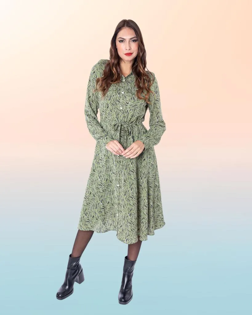 Lylu | Vestido camisero mujer de manga larga estampado verde brillos Boston