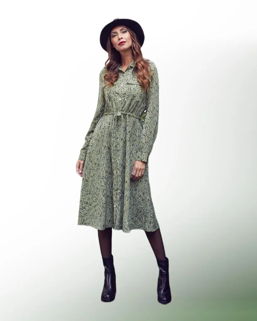 Lylu | Vestido camisero mujer de manga larga estampado verde brillos Boston