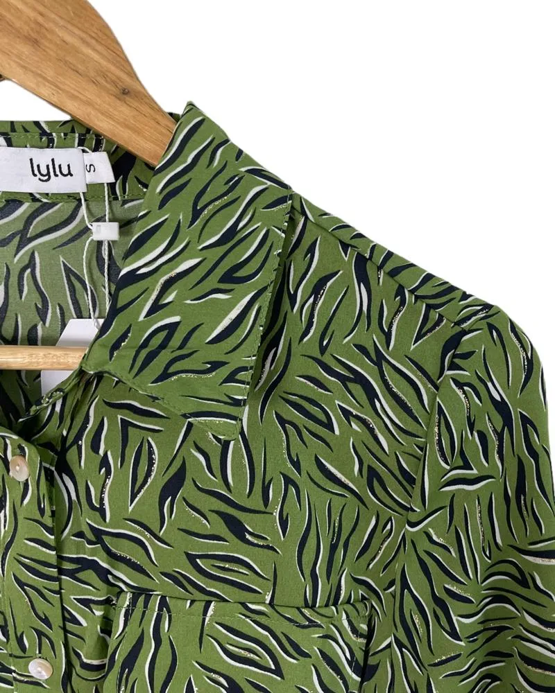 Lylu | Vestido camisero mujer de manga larga estampado verde brillos Boston