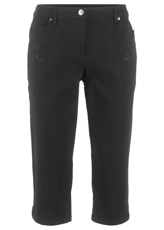 Pantalón capri de algodón con cintura cómoda y aberturas laterales Negro