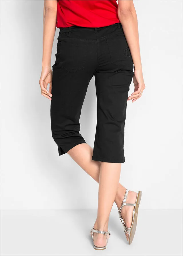 Pantalón capri de algodón con cintura cómoda y aberturas laterales Negro