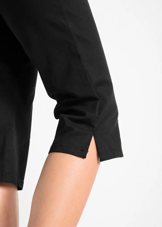 Pantalón capri de algodón con cintura cómoda y aberturas laterales Negro