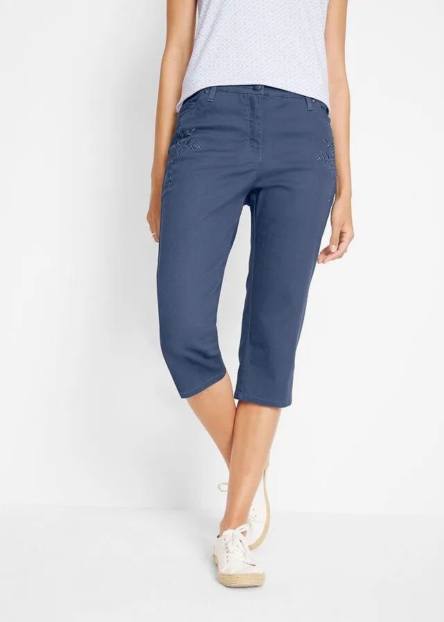 Pantalón capri de algodón con cintura cómoda y aberturas laterales índigo