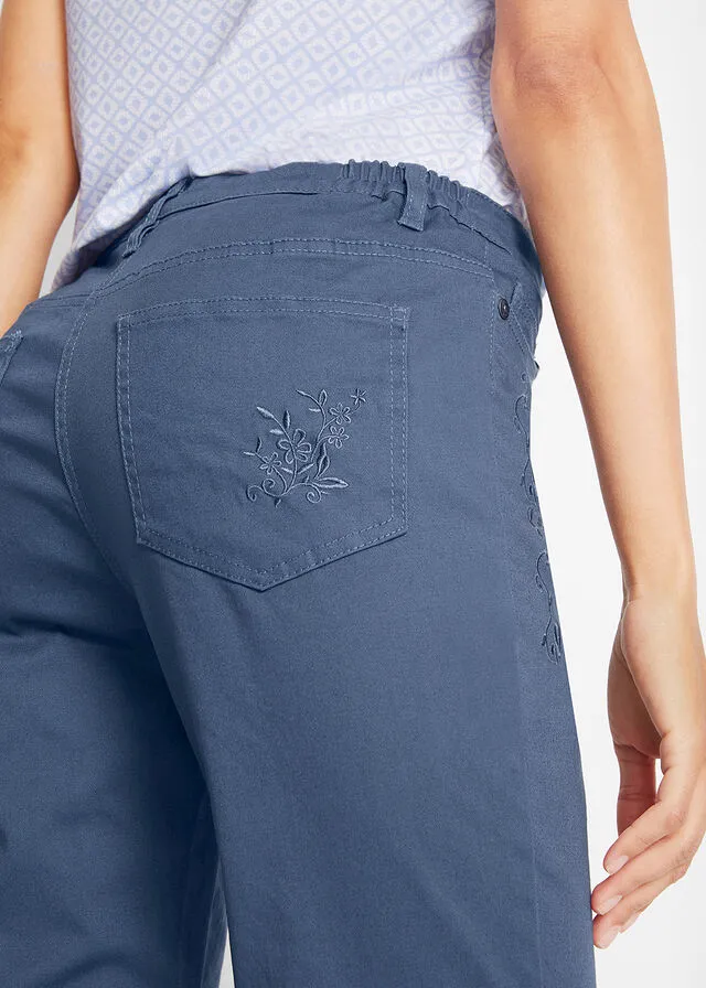 Pantalón capri de algodón con cintura cómoda y aberturas laterales índigo