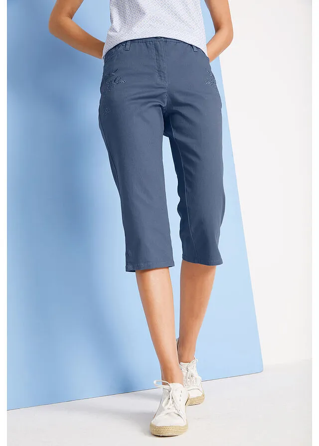 Pantalón capri de algodón con cintura cómoda y aberturas laterales índigo