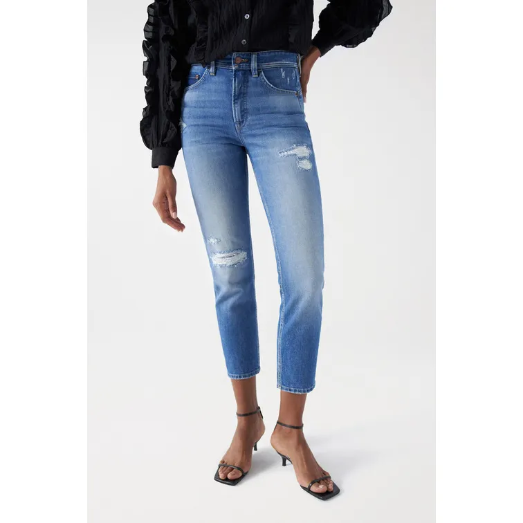 VAQUEROS FAITH PUSH IN CON ROTOS CROPPED SLIM MUJER SALSA