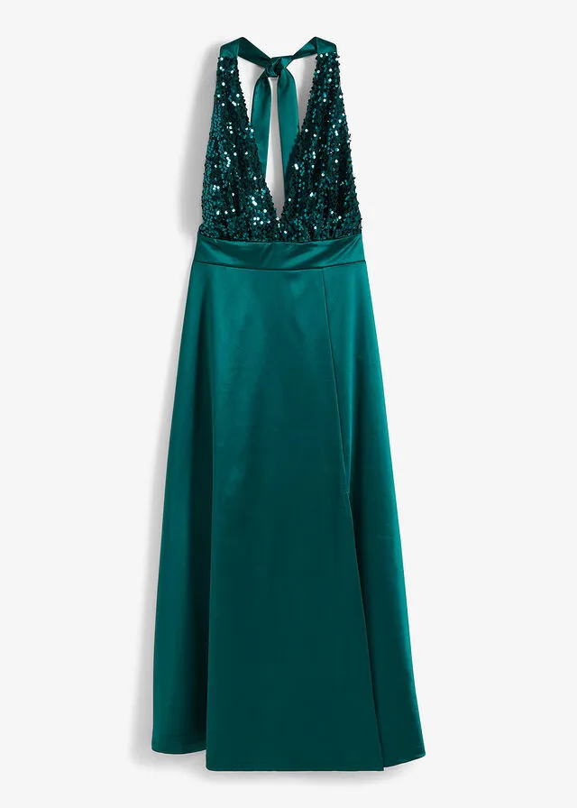 Vestido de cuello halter con lentejuelas Verde oscuro