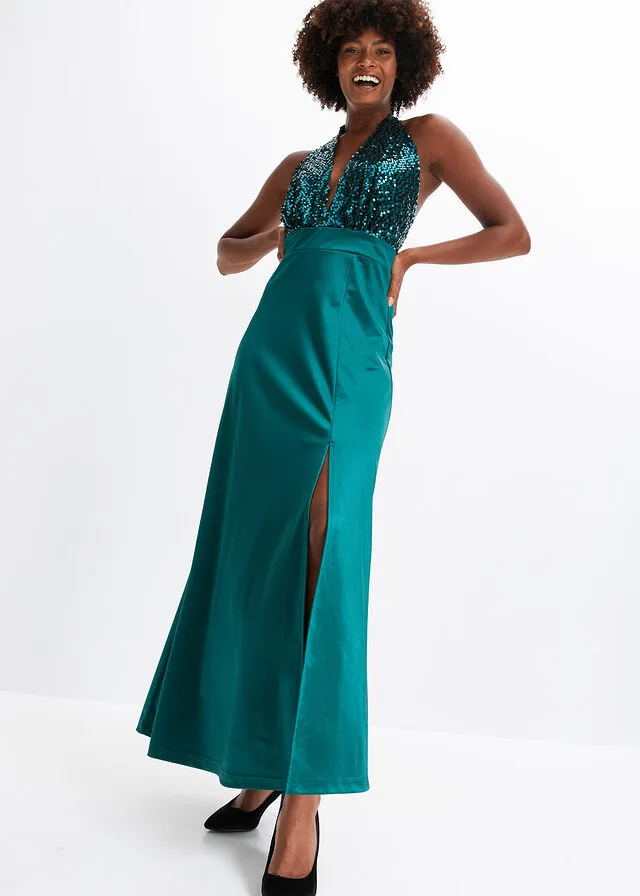 Vestido de cuello halter con lentejuelas Verde oscuro