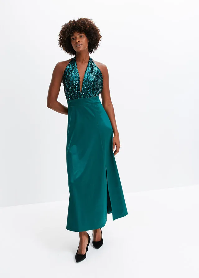 Vestido de cuello halter con lentejuelas Verde oscuro