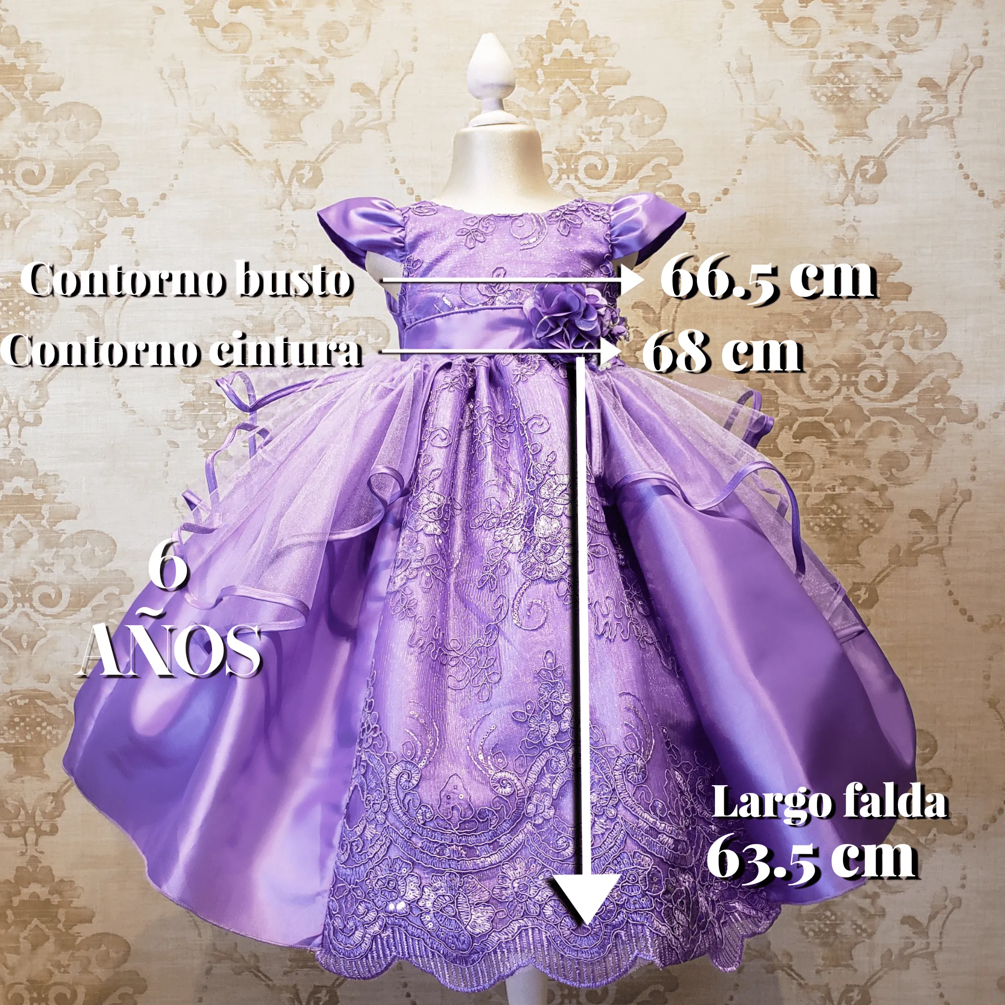 Vestido de Niña Fiesta Lila Encaje Bordado con Flor Talla 2 a 8 años