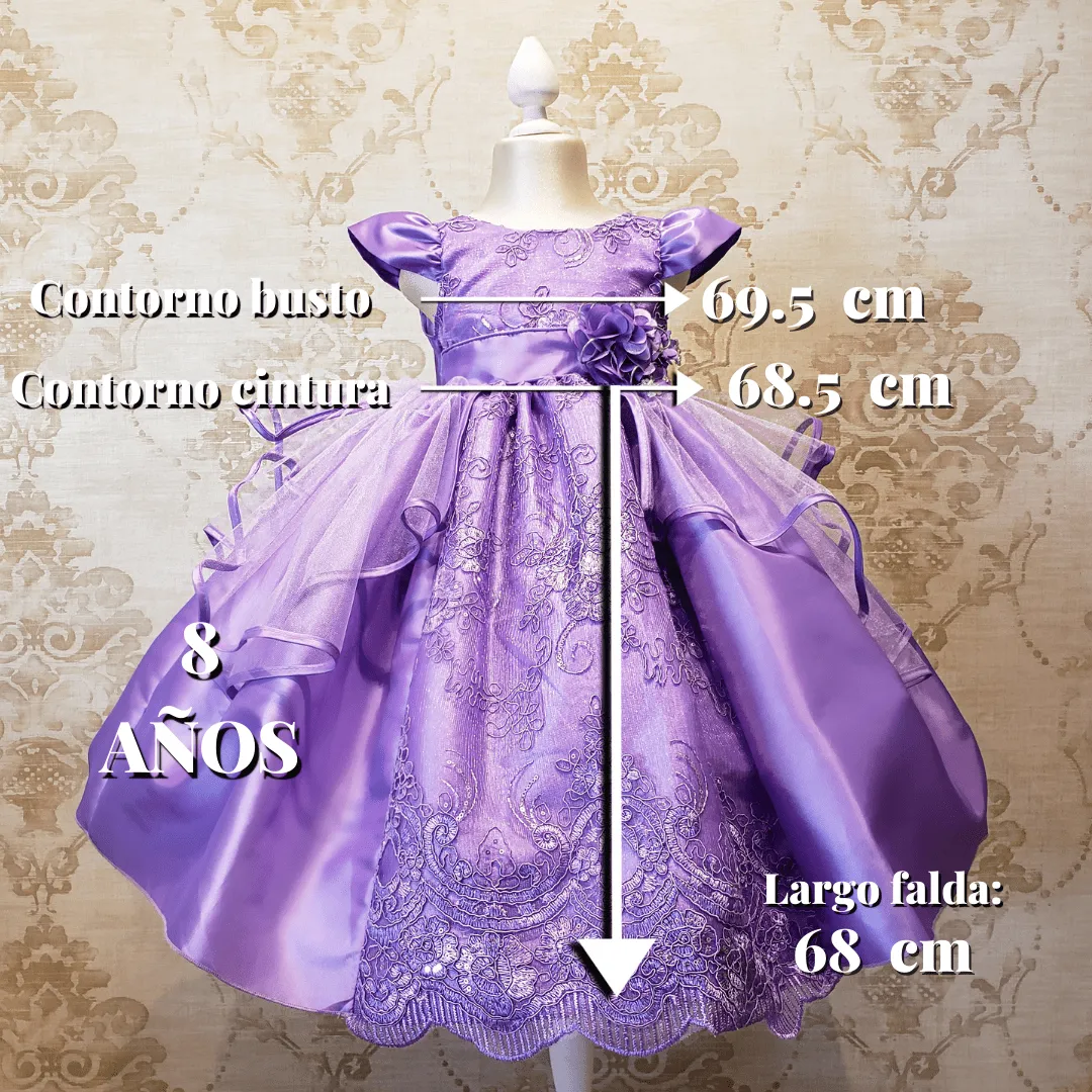 Vestido de Niña Fiesta Lila Encaje Bordado con Flor Talla 2 a 8 años