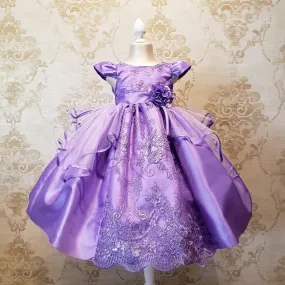 Vestido de Niña Fiesta Lila Encaje Bordado con Flor Talla 2 a 8 años