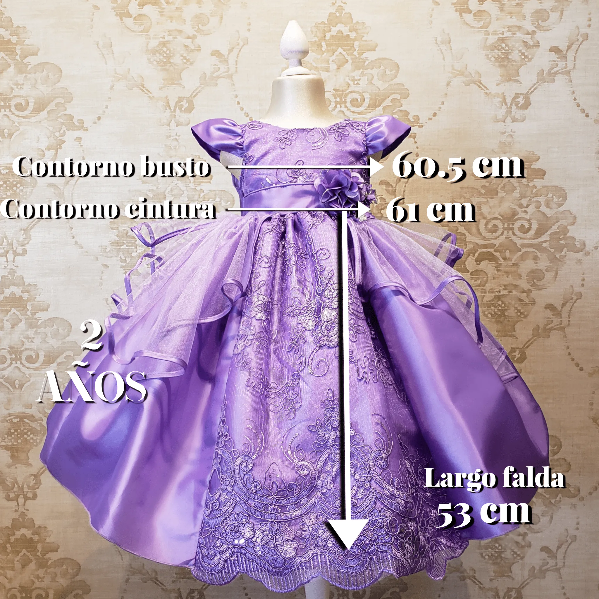 Vestido de Niña Fiesta Lila Encaje Bordado con Flor Talla 2 a 8 años