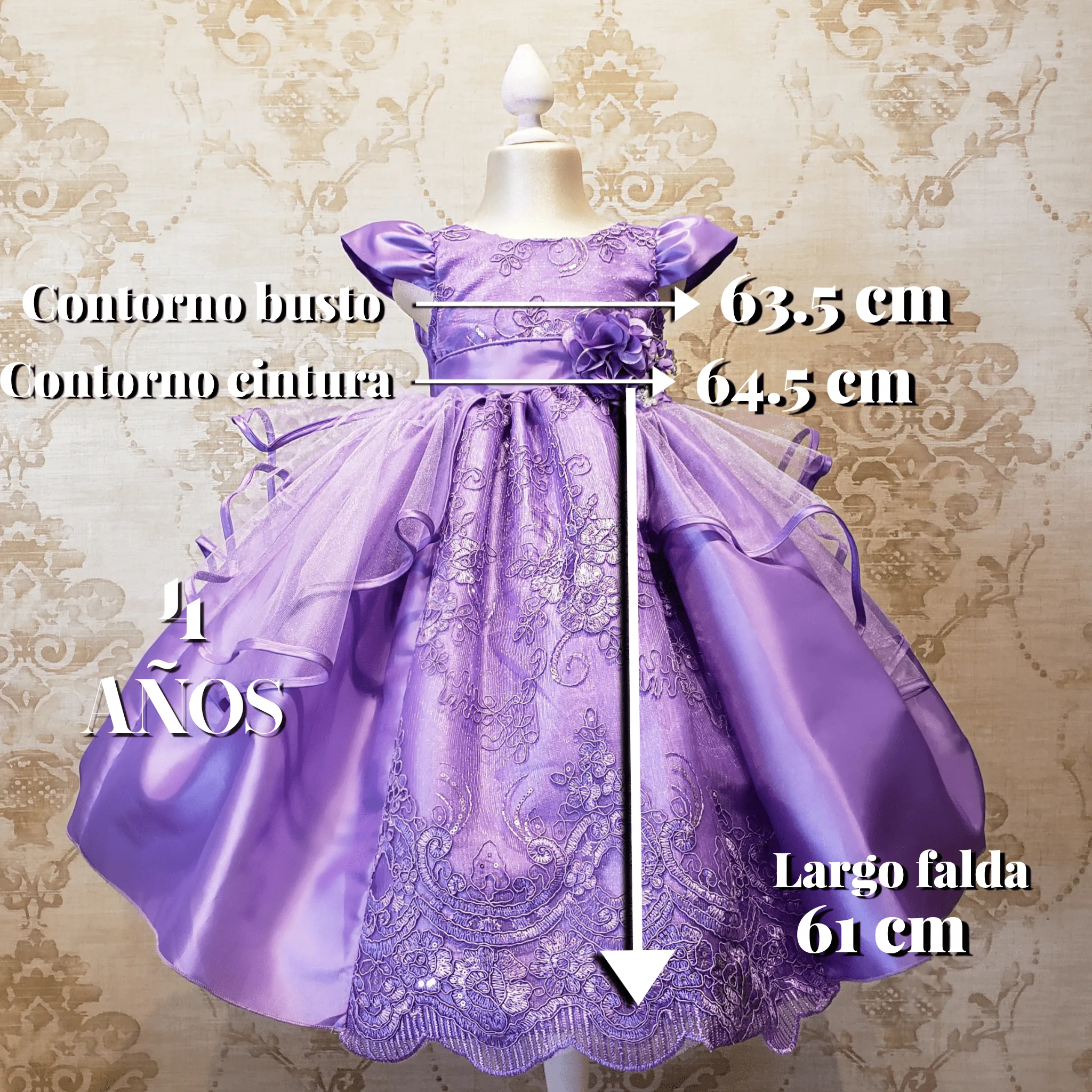 Vestido de Niña Fiesta Lila Encaje Bordado con Flor Talla 2 a 8 años