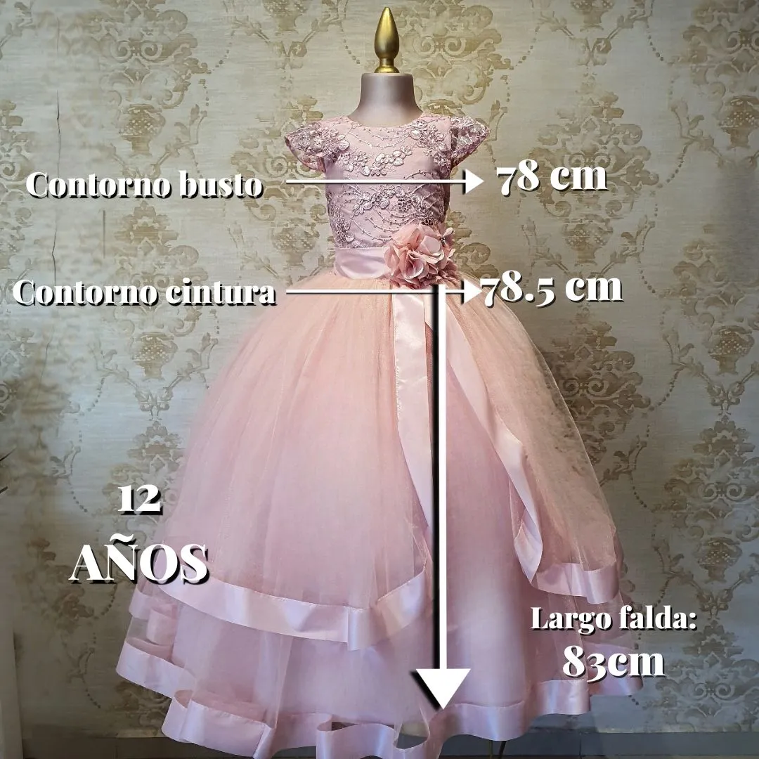 Vestido de Niña Fiesta Rosa Pastel con Listón en Falda Talla 10 a 12 años