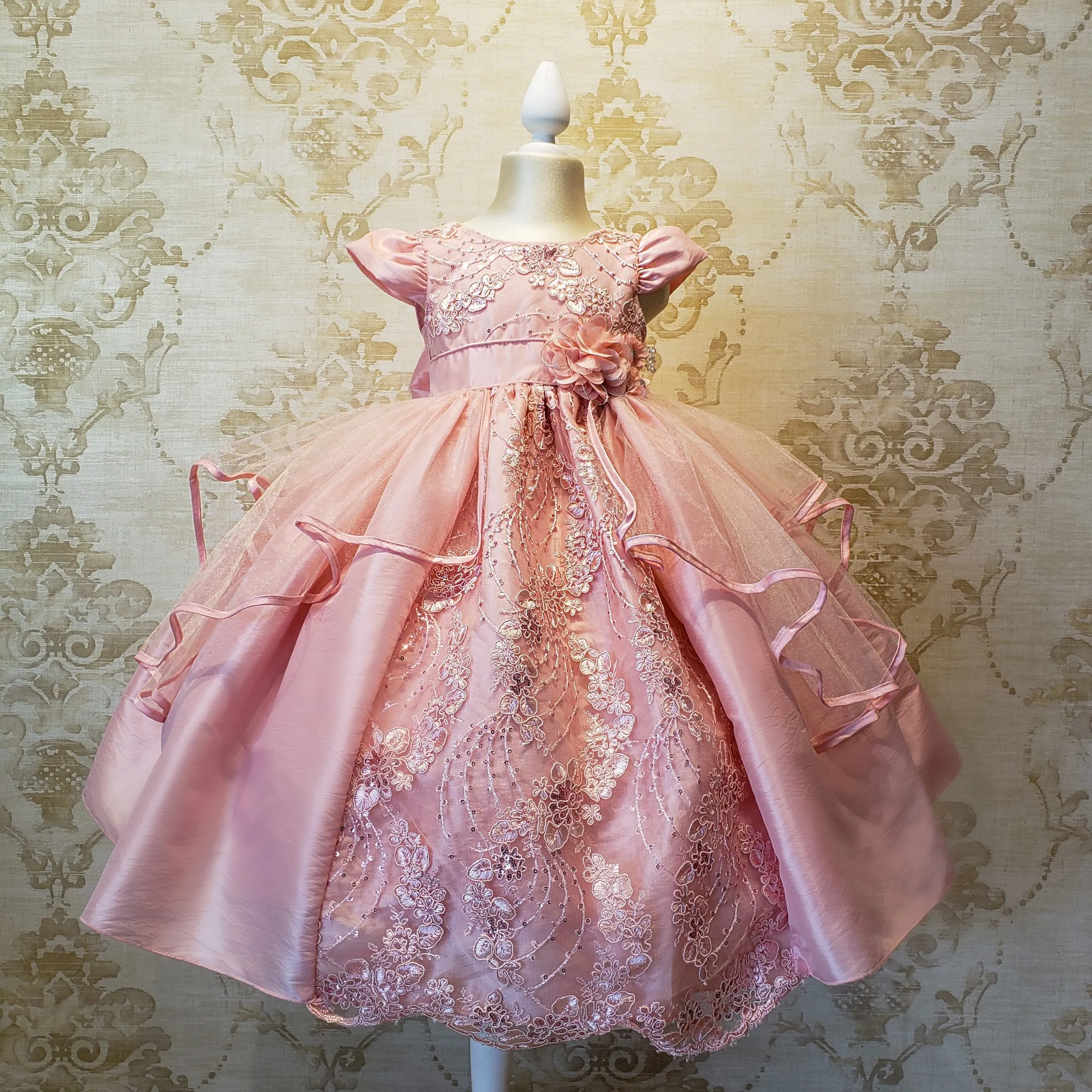 Vestido De Niña Fiesta Rosa Pastel Encaje Bordado con Flor Talla 2 a 8 Años