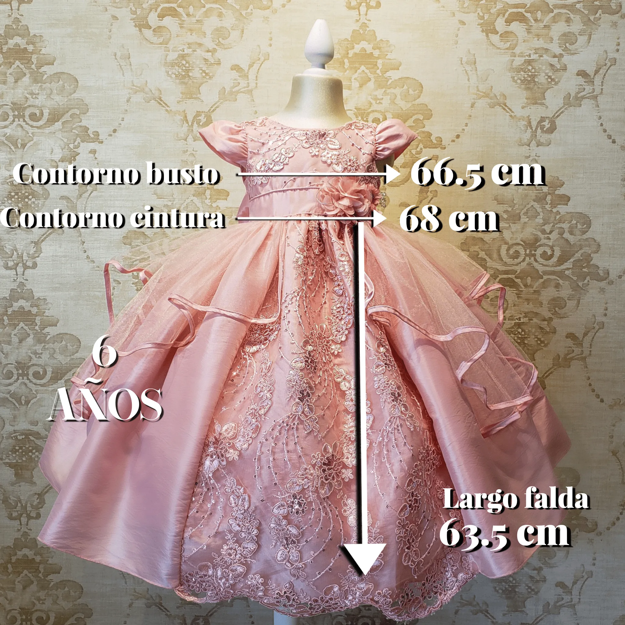 Vestido De Niña Fiesta Rosa Pastel Encaje Bordado con Flor Talla 2 a 8 Años