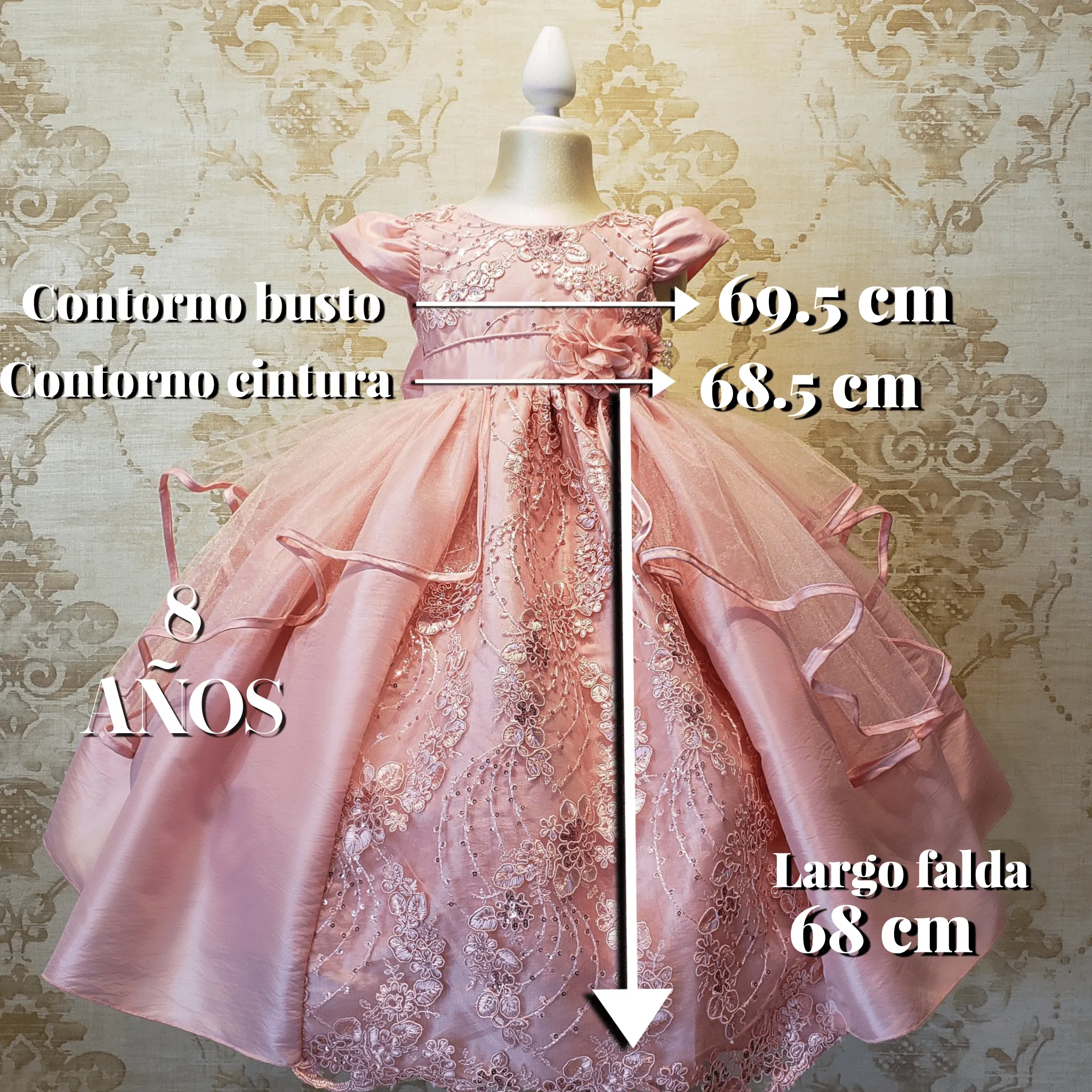 Vestido De Niña Fiesta Rosa Pastel Encaje Bordado con Flor Talla 2 a 8 Años