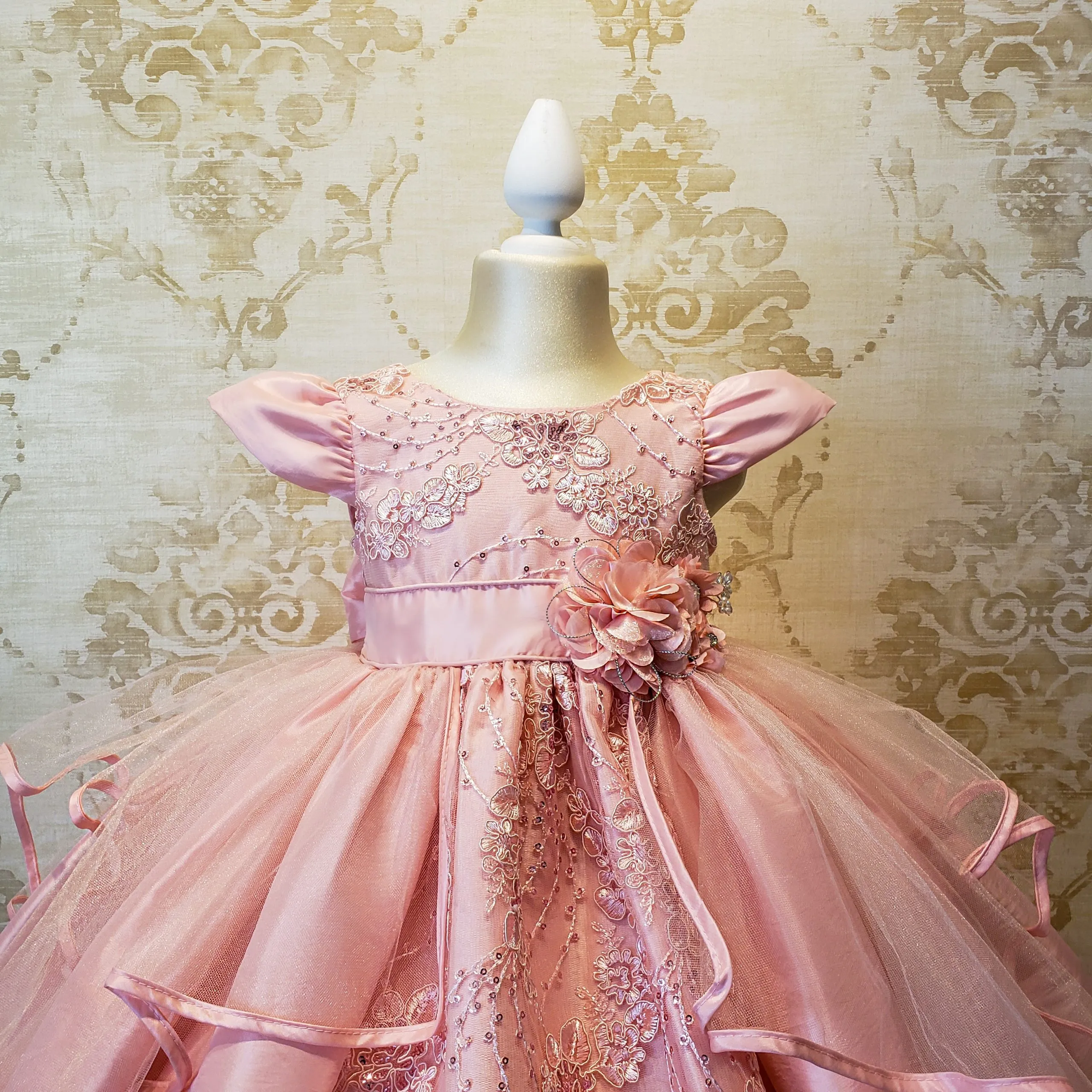 Vestido De Niña Fiesta Rosa Pastel Encaje Bordado con Flor Talla 2 a 8 Años