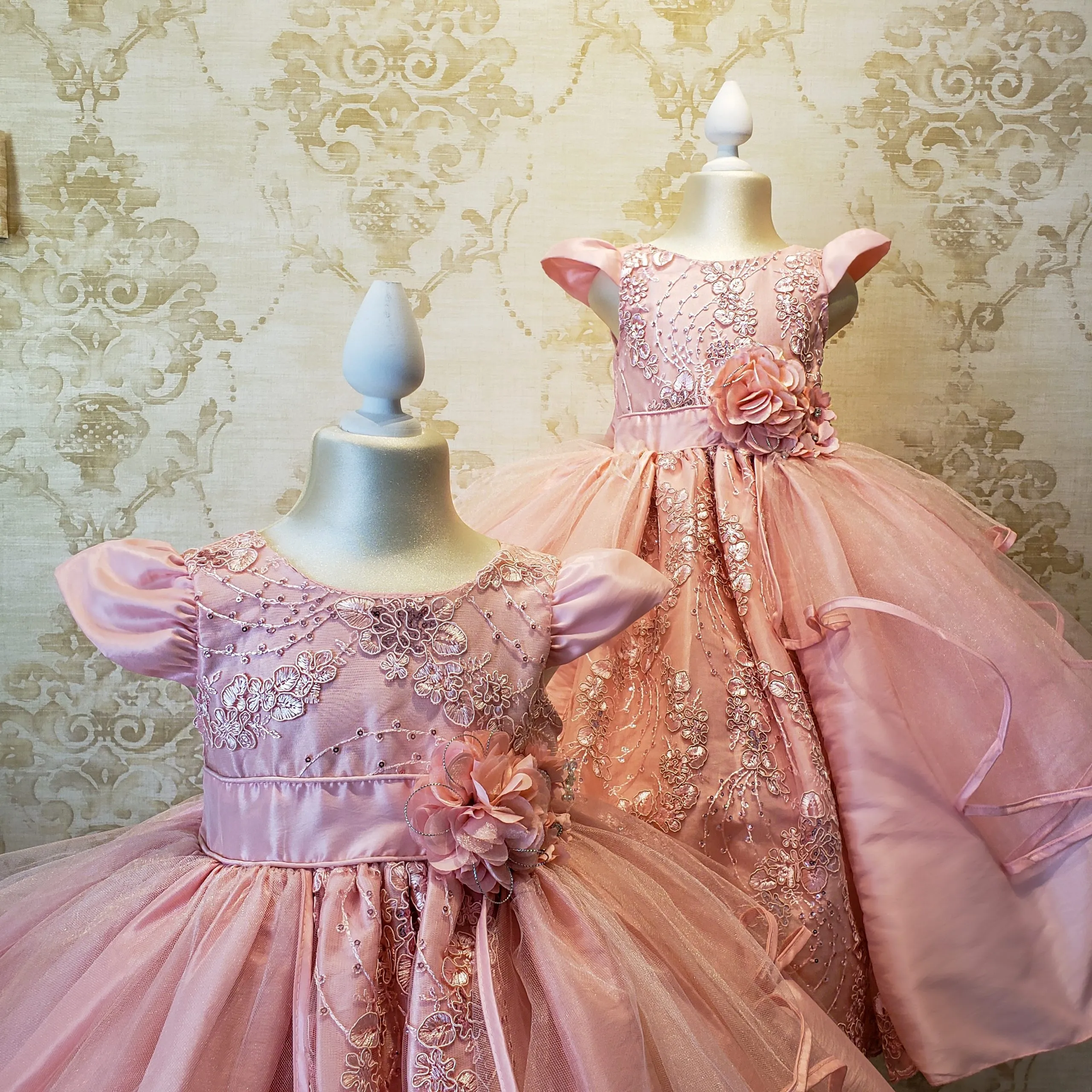 Vestido De Niña Fiesta Rosa Pastel Encaje Bordado con Flor Talla 2 a 8 Años