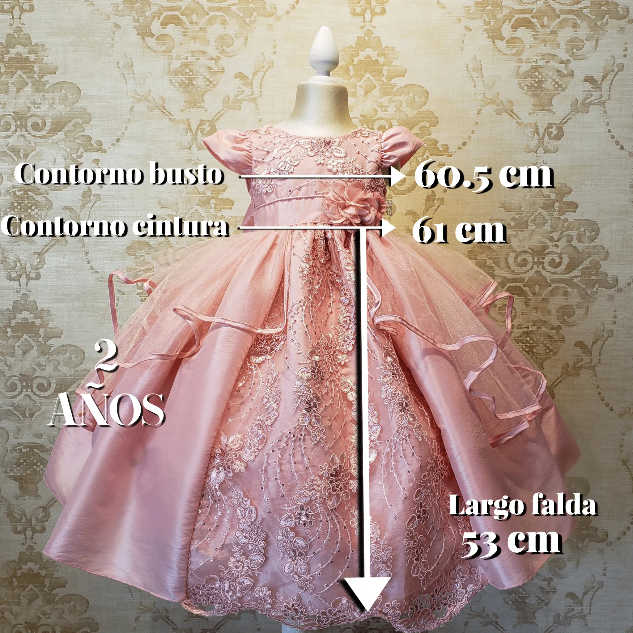 Vestido De Niña Fiesta Rosa Pastel Encaje Bordado con Flor Talla 2 a 8 Años