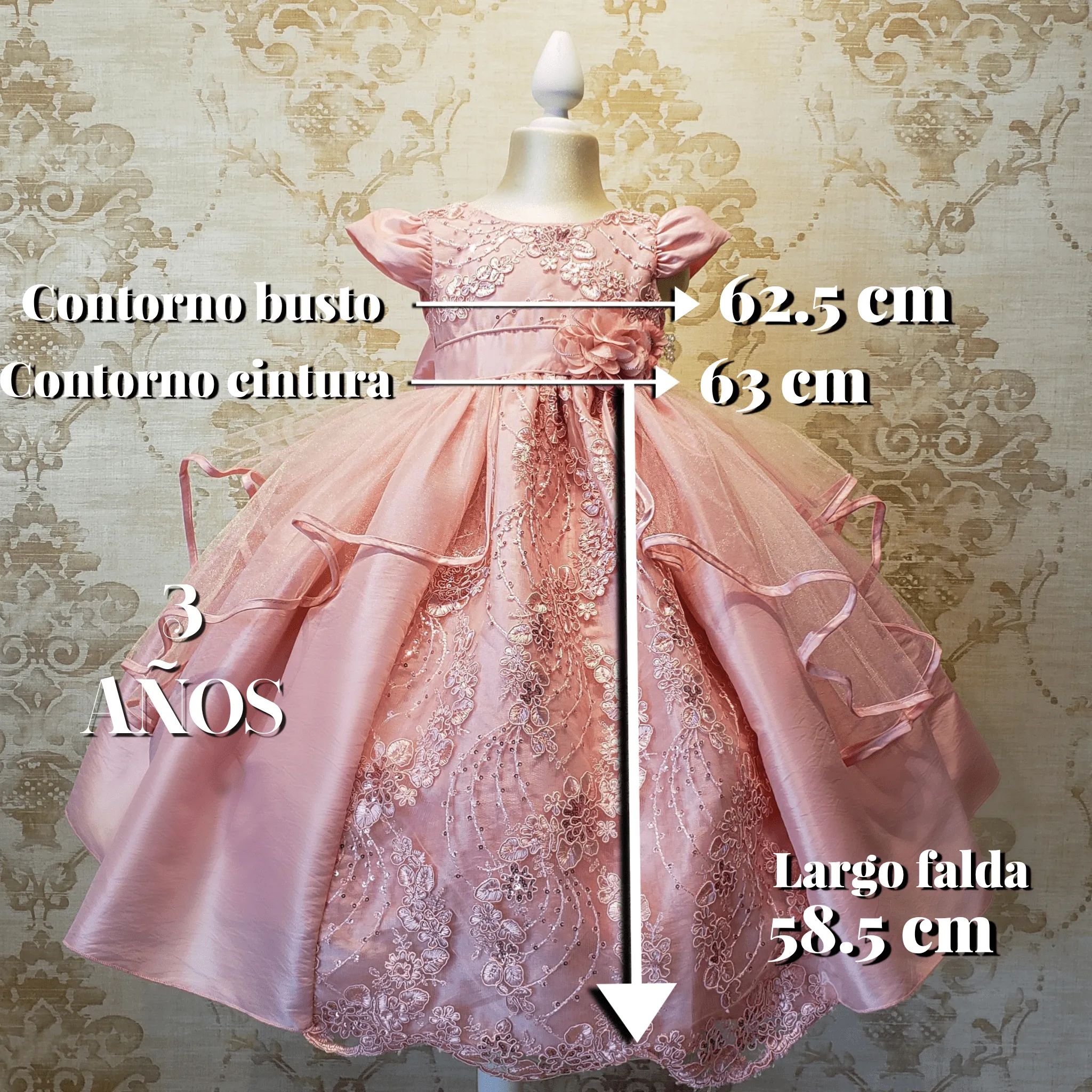 Vestido De Niña Fiesta Rosa Pastel Encaje Bordado con Flor Talla 2 a 8 Años