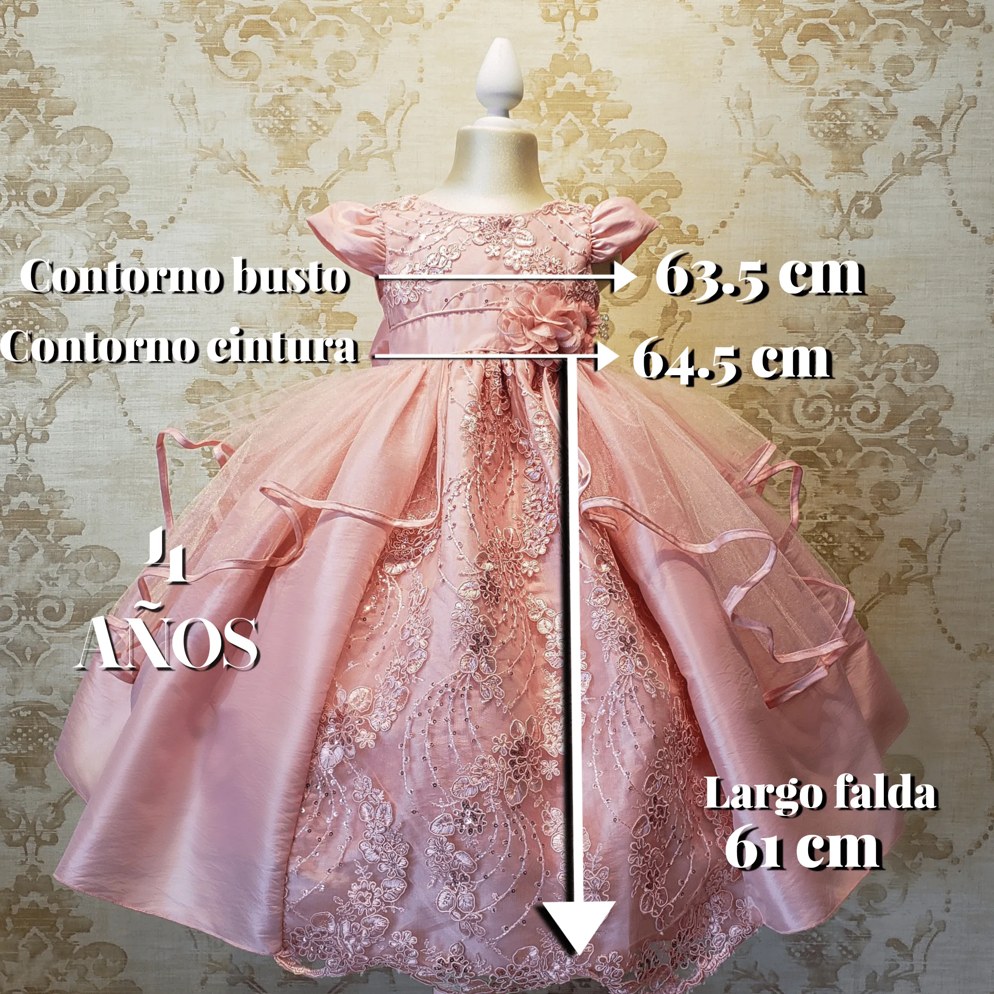 Vestido De Niña Fiesta Rosa Pastel Encaje Bordado con Flor Talla 2 a 8 Años