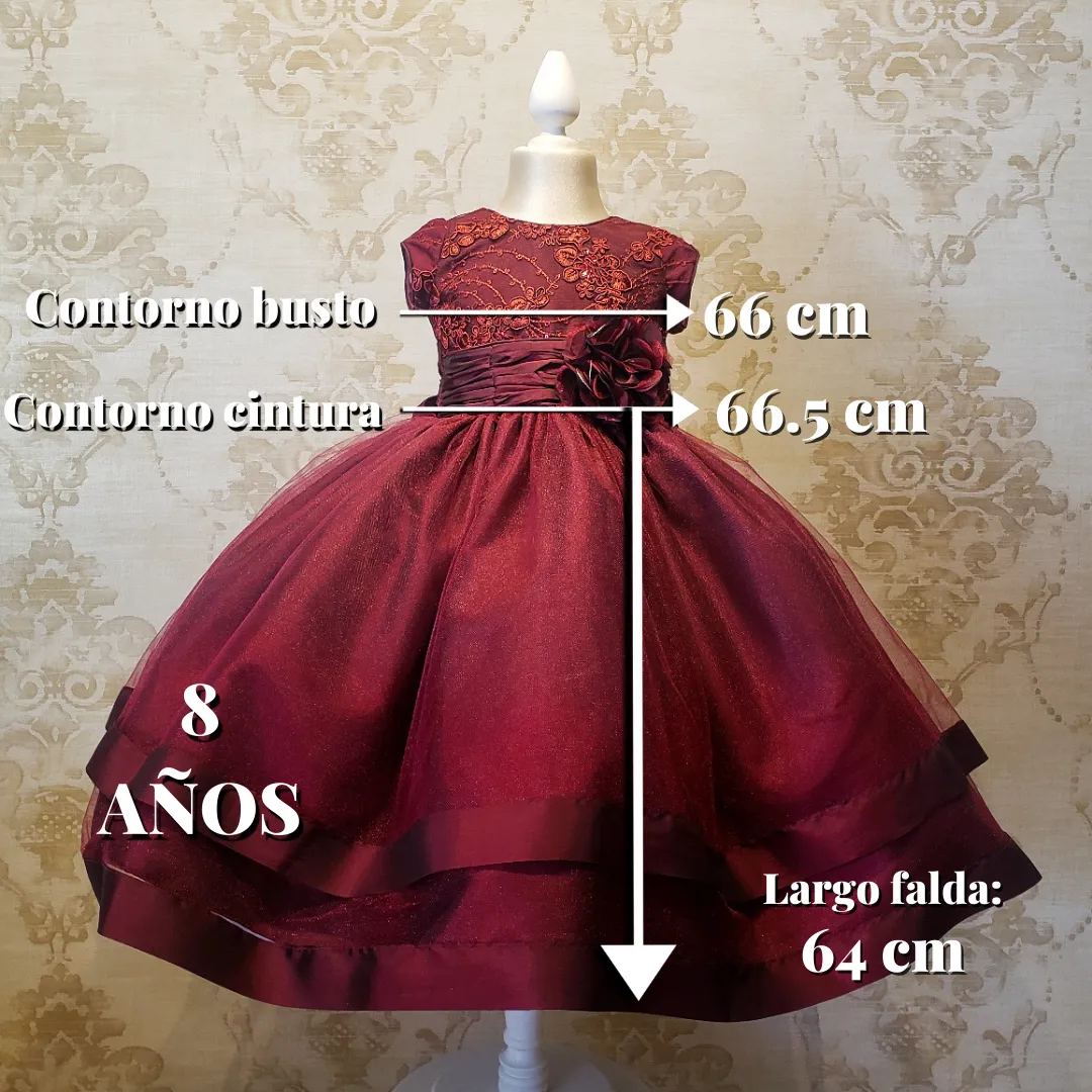 Vestido de Niña Fiesta Vino con Flor Listón en Falda Talla 3 a 8 Años