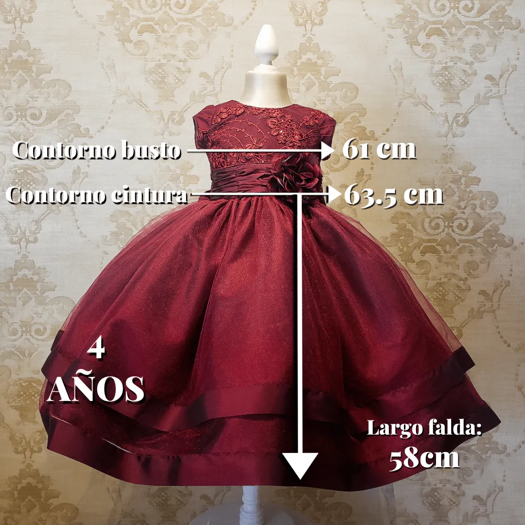 Vestido de Niña Fiesta Vino con Flor Listón en Falda Talla 3 a 8 Años