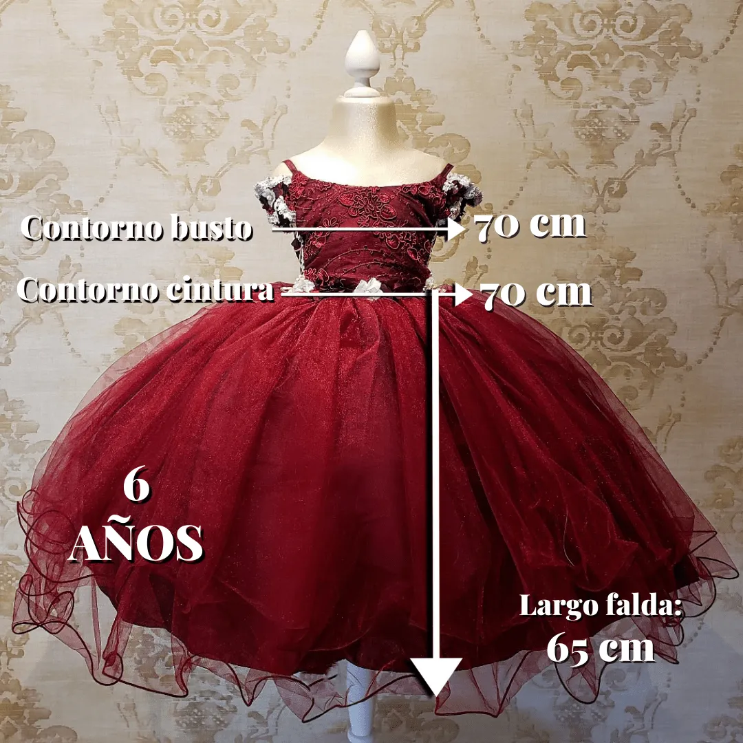 Vestido de Niña Fiesta Vino con Flores Presentación Tallas 2 a 8 Años