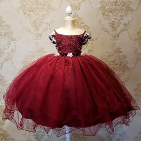 Vestido de Niña Fiesta Vino con Flores Presentación Tallas 2 a 8 Años