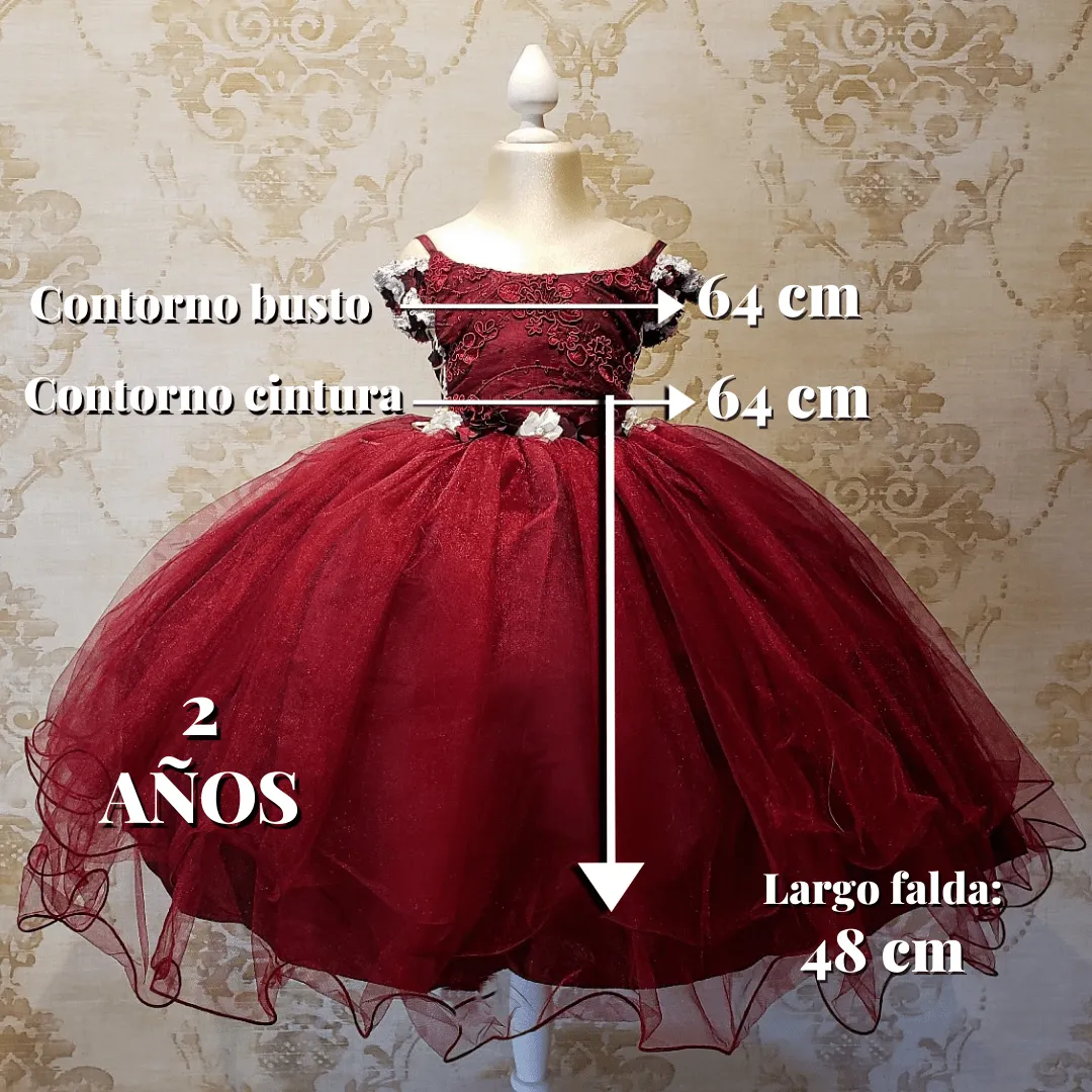 Vestido de Niña Fiesta Vino con Flores Presentación Tallas 2 a 8 Años