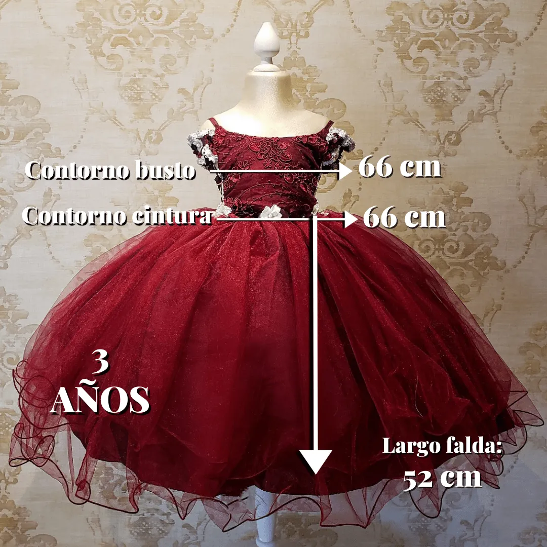 Vestido de Niña Fiesta Vino con Flores Presentación Tallas 2 a 8 Años