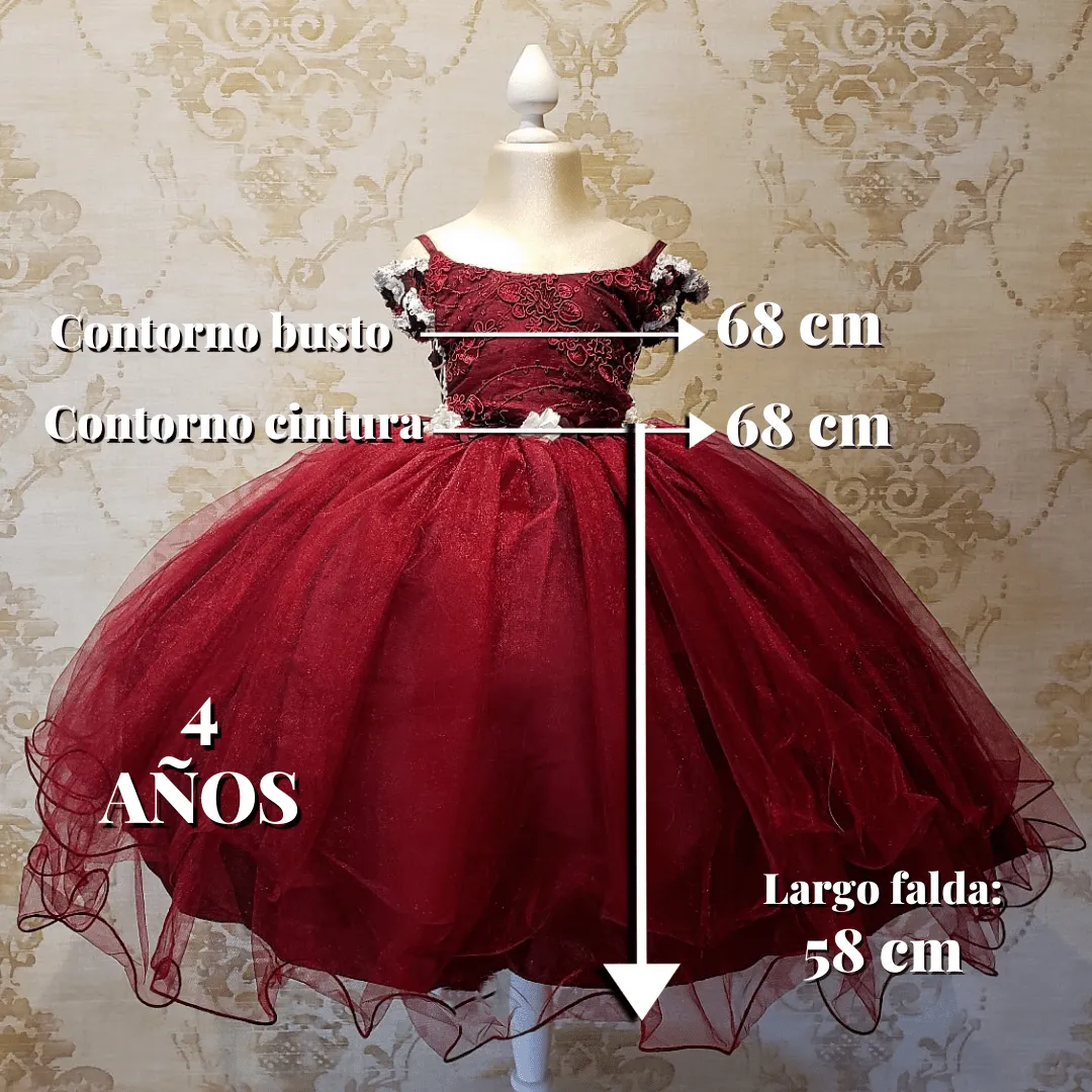 Vestido de Niña Fiesta Vino con Flores Presentación Tallas 2 a 8 Años